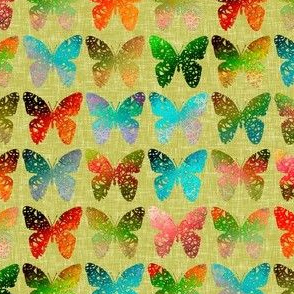 Colorful butterflies on yellowy-green linen weave by Su_G_©SuSchaefer