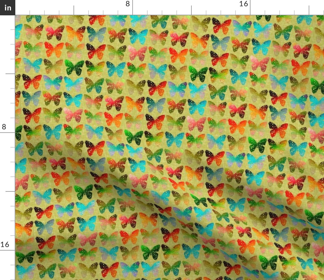 Colorful butterflies on yellowy-green linen weave by Su_G_©SuSchaefer