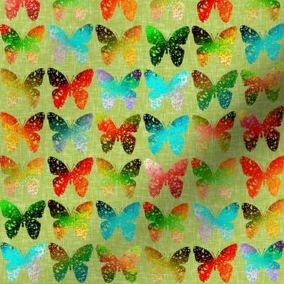 Bright butterflies on green linen weave by Su_G_©SuSchaefer