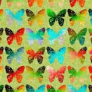 Bright butterflies on green linen weave by Su_G_©SuSchaefer