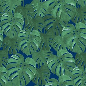 monstera leaf palms navy blue dark background palm print fabric
