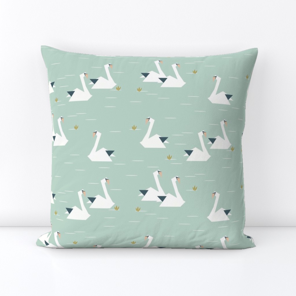 swans - geometric origami swans lake pond mint 