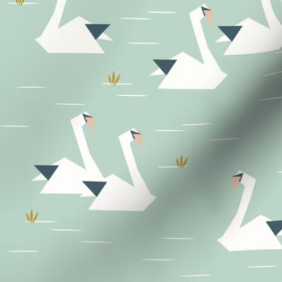 swans - geometric origami swans lake pond mint 