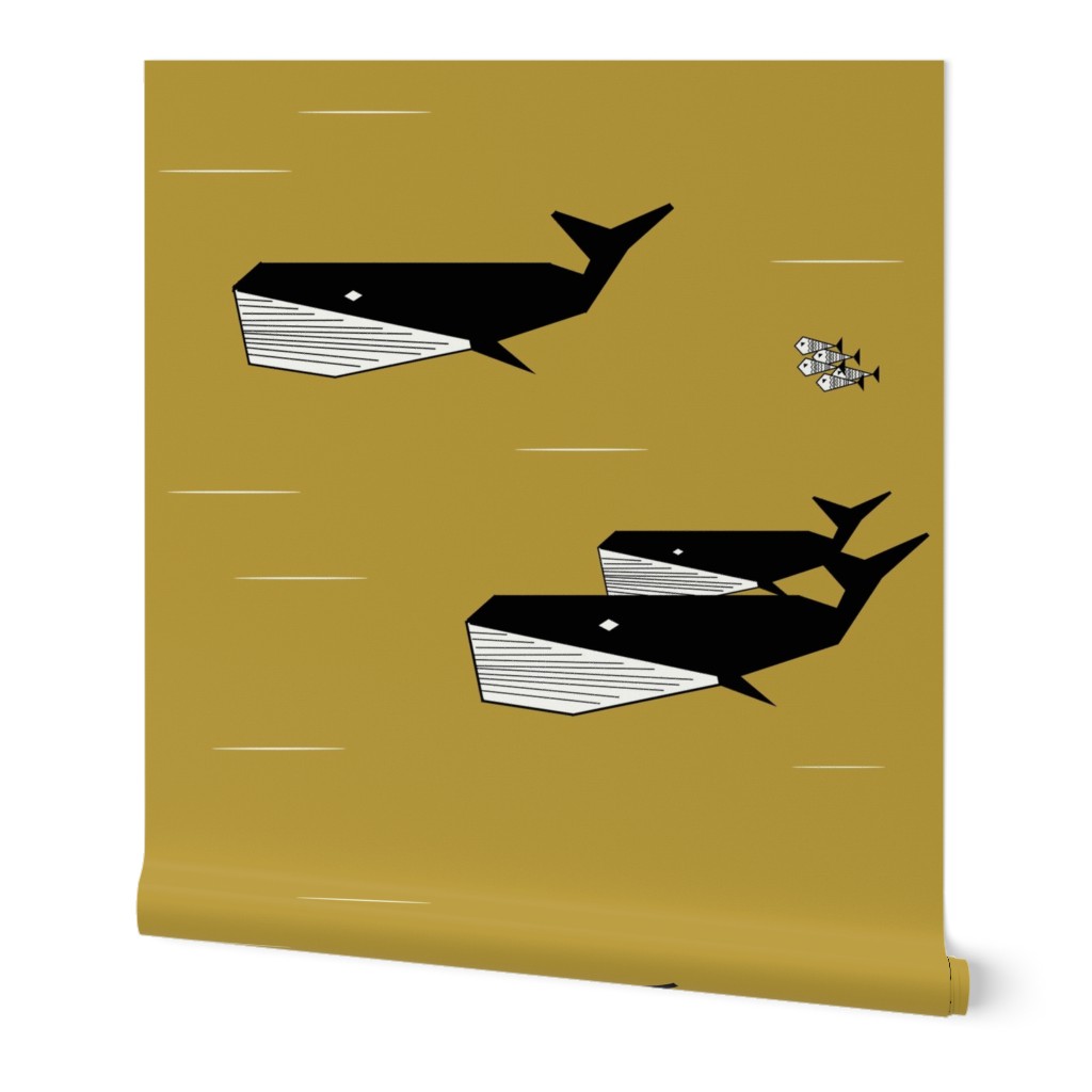 geometric whales - black and white on mustard, sea animals ocean