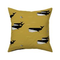 geometric whales - black and white on mustard, sea animals ocean