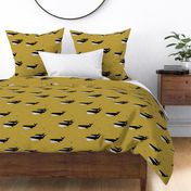 geometric whales - black and white on mustard, sea animals ocean