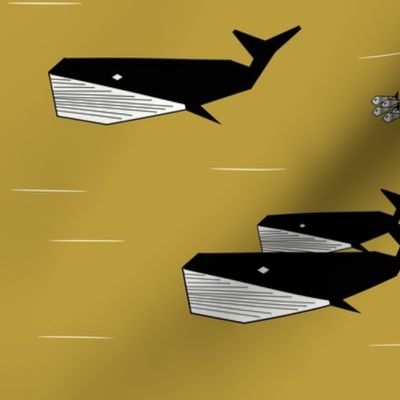 geometric whales - black and white on mustard, sea animals ocean