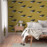 geometric whales - black and white on mustard, sea animals ocean