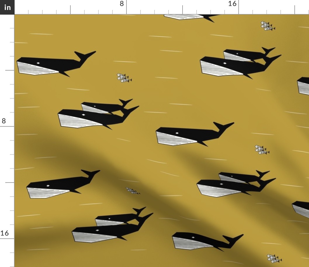 geometric whales - black and white on mustard, sea animals ocean