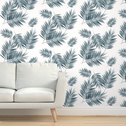 palm leaves - navy blue on white palm - Spoonflower