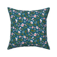 Small colorful spring flowers pink on navy