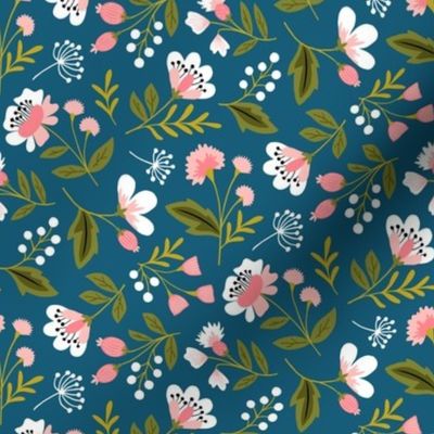 Small colorful spring flowers pink on navy