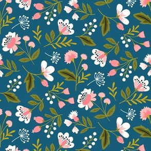 Small colorful spring flowers pink on navy