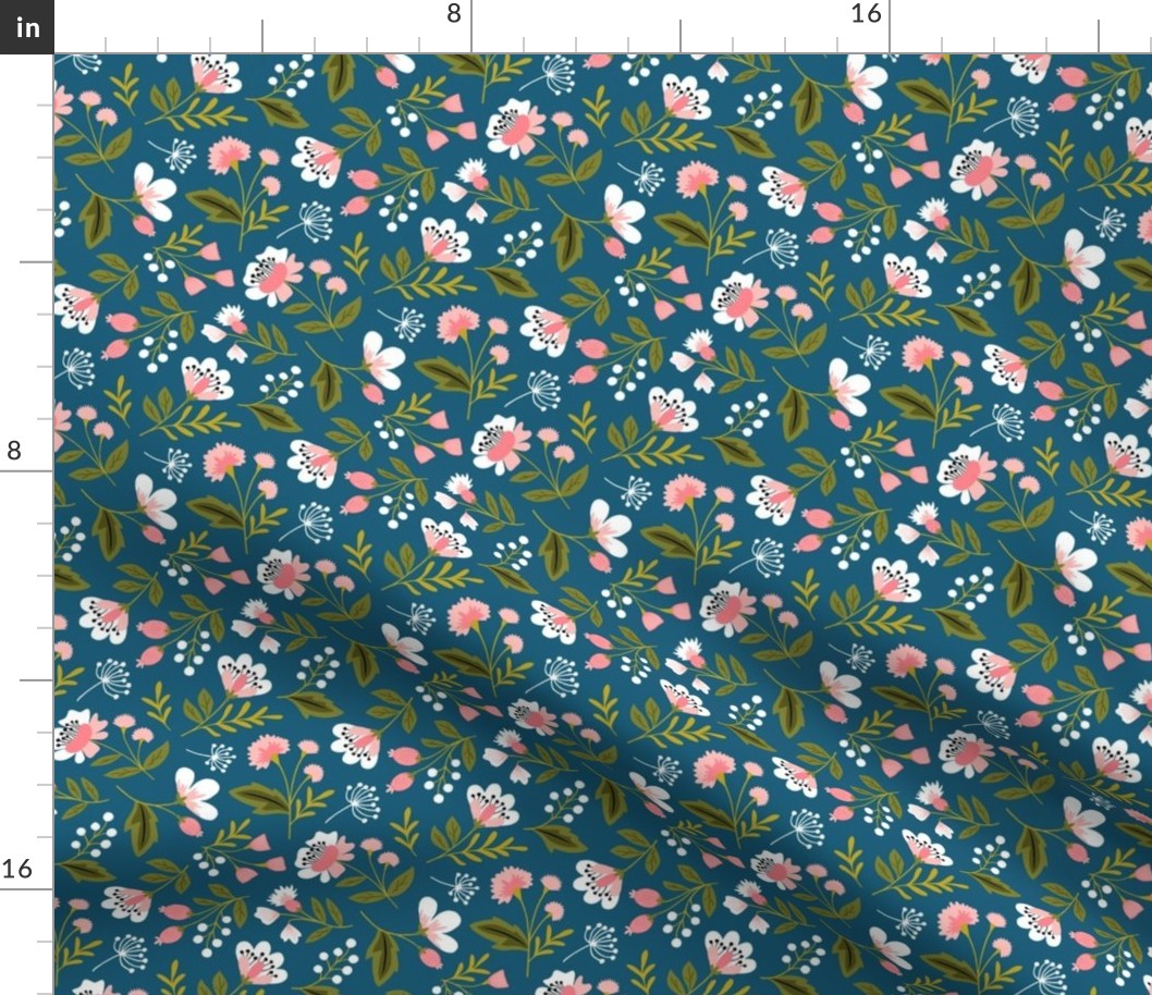 Small colorful spring flowers pink on navy