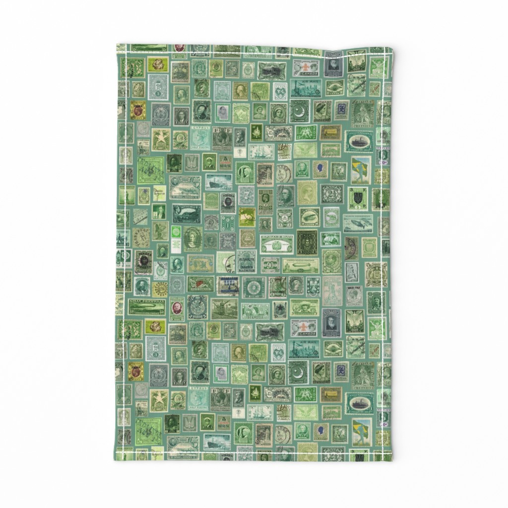 green stamp collection: international stamps on soft green