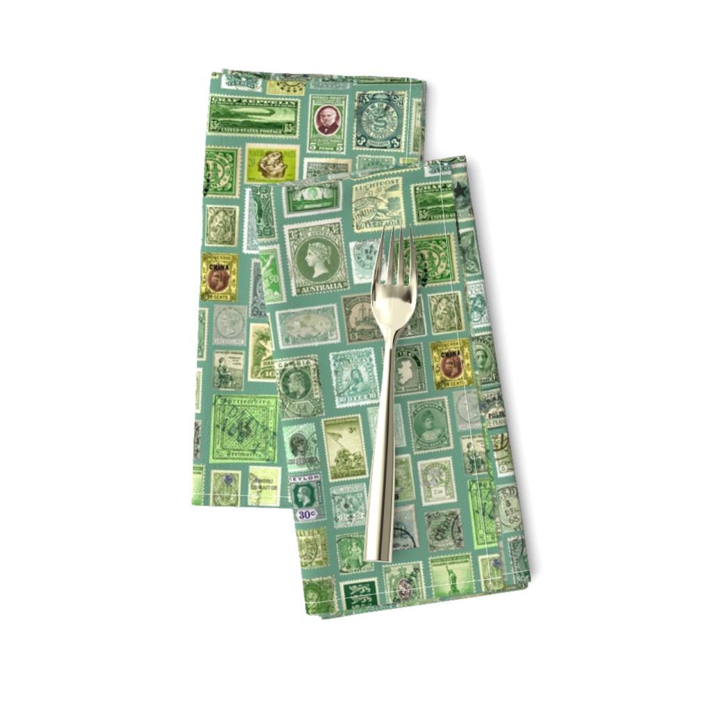 green stamp collection: international stamps on soft green