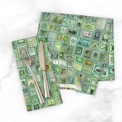 green stamp collection: international stamps on soft green