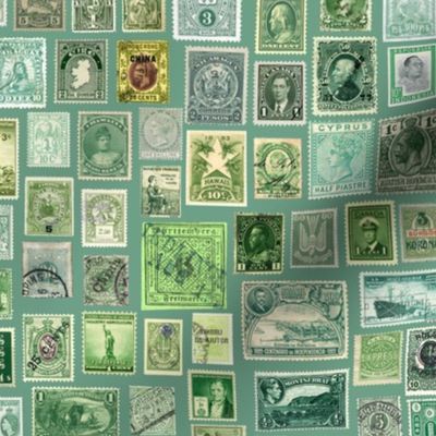 green stamp collection: international stamps on soft green