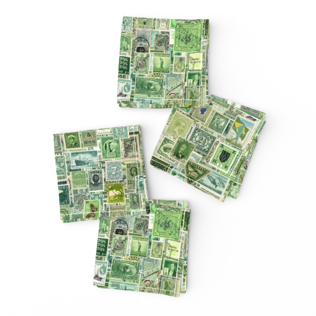 green postage stamp collage, seamless repeat