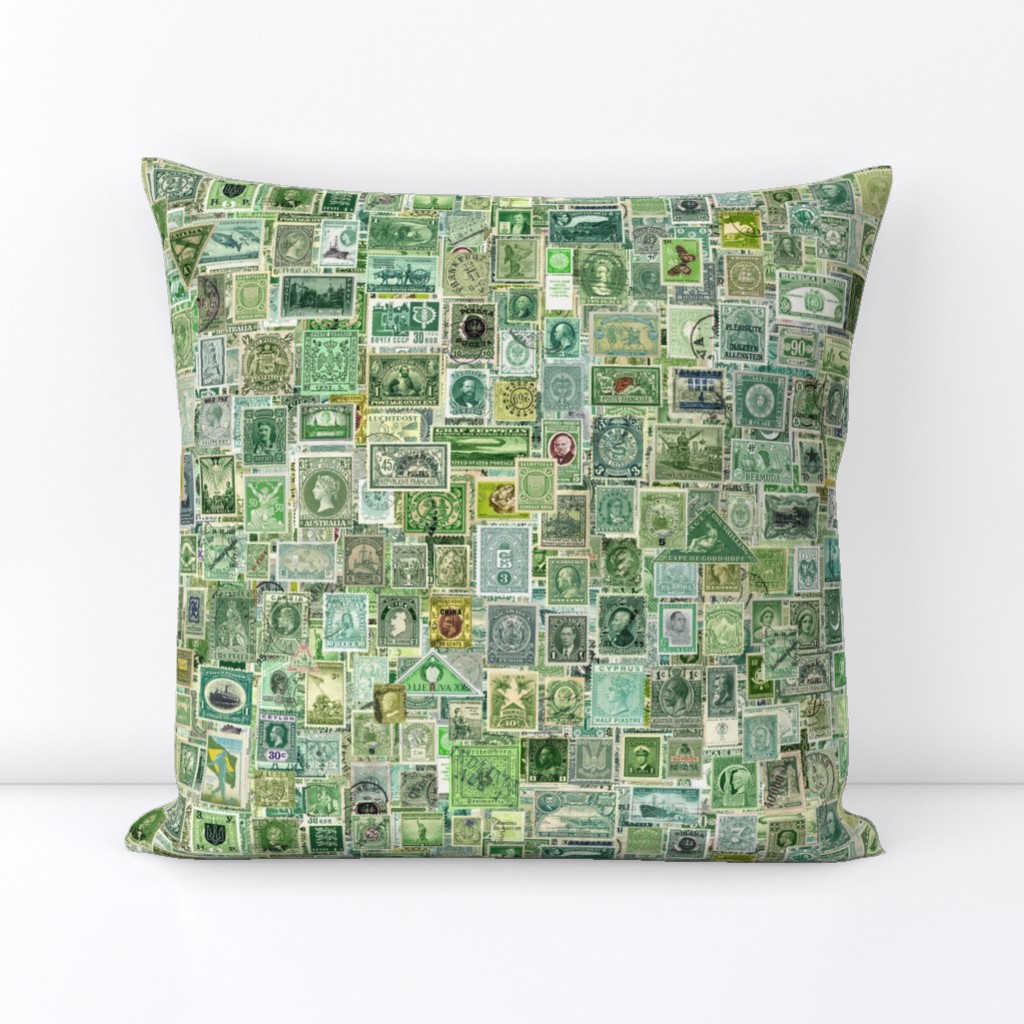 green postage stamp collage, seamless repeat