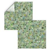 green postage stamp collage, seamless repeat