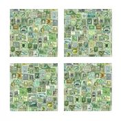 green postage stamp collage, seamless repeat