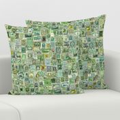 green postage stamp collage, seamless repeat
