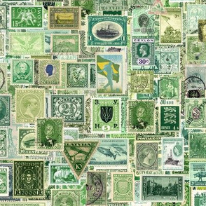 green postage stamp collage, seamless repeat