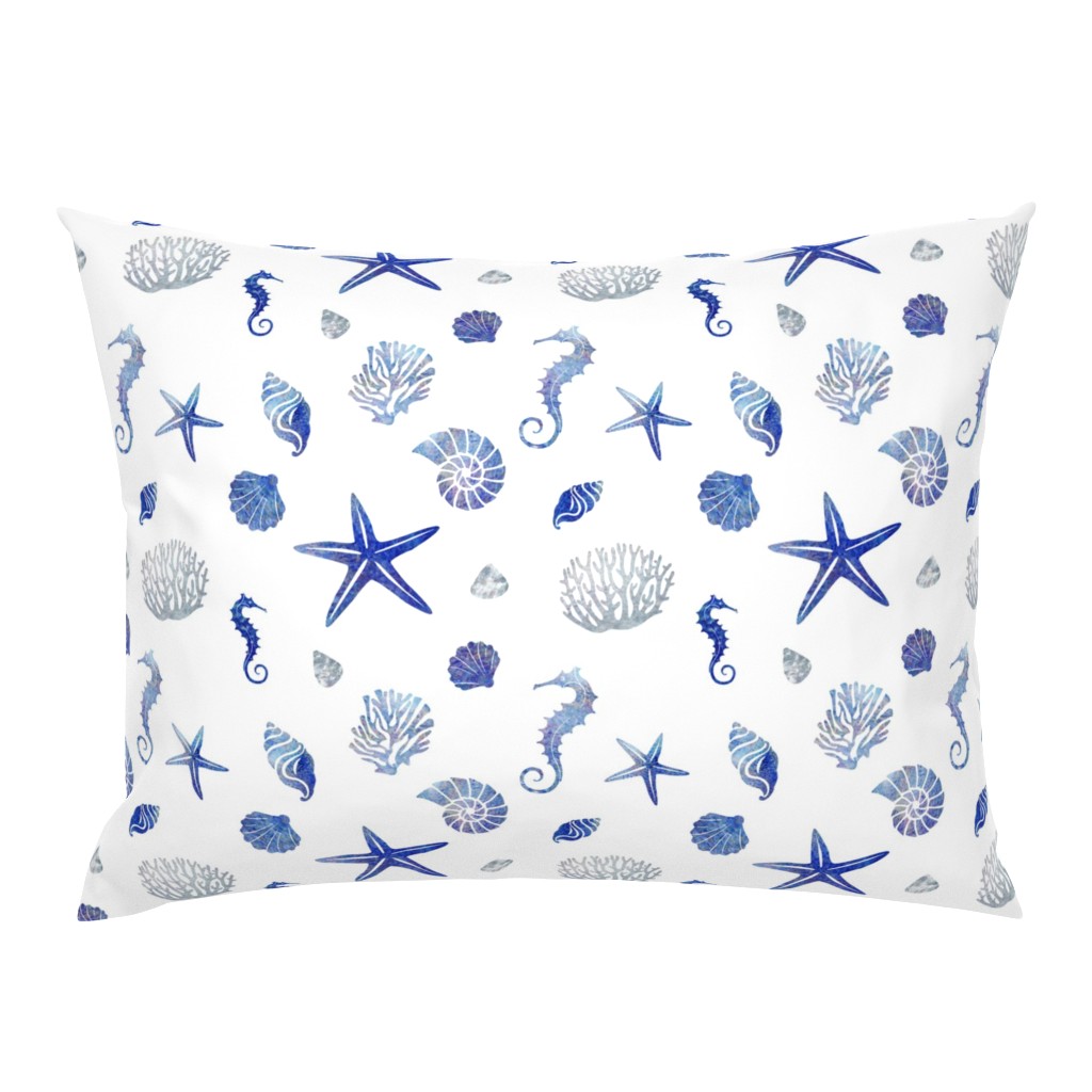 Coral reef aquatic animals in ultramarine blue on white