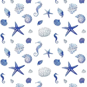 Coral reef aquatic animals in ultramarine blue on white