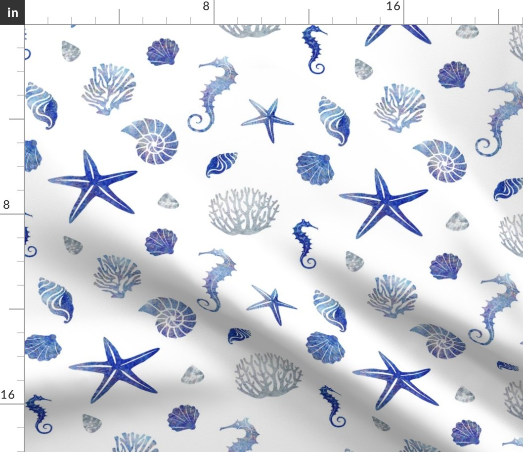 Coral reef aquatic animals in ultramarine blue on white