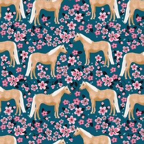Palomino Horse fabric horses cherry blossom florals sapphire