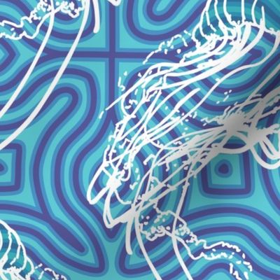 Abstract Jellyfish Dance: Geometric Ocean Waves in Vibrant Blue and White