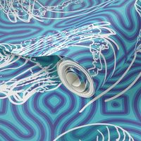 Abstract Jellyfish Dance: Geometric Ocean Waves in Vibrant Blue and White