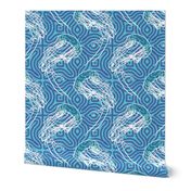 Abstract Jellyfish Dance: Geometric Ocean Waves in Vibrant Blue and White