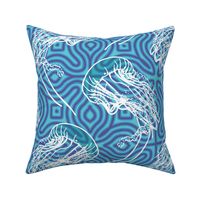 Abstract Jellyfish Dance: Geometric Ocean Waves in Vibrant Blue and White