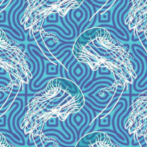 Abstract Jellyfish Dance: Geometric Ocean Waves in Vibrant Blue and White