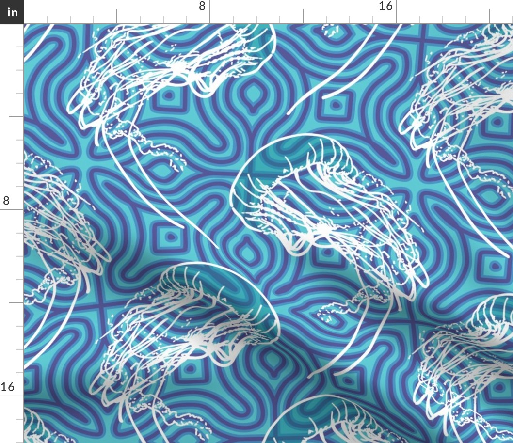 Abstract Jellyfish Dance: Geometric Ocean Waves in Vibrant Blue and White