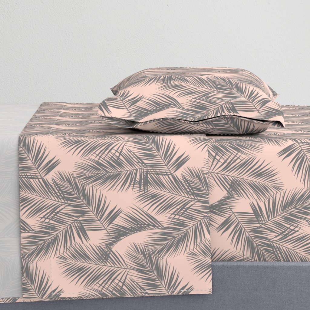 palm leaves - gray on blush, small. silhuettes tropical forest grey gray blush light pink hot summer palm plant tree leaves fabric wallpaper giftwrap