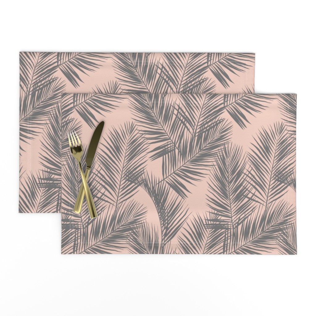 palm leaves - gray on blush, small. silhuettes tropical forest grey gray blush light pink hot summer palm plant tree leaves fabric wallpaper giftwrap