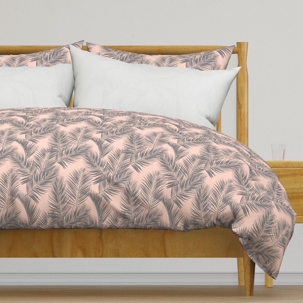 palm leaves - gray on blush, small. silhuettes tropical forest grey gray blush light pink hot summer palm plant tree leaves fabric wallpaper giftwrap