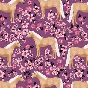 horse cherry blossoms fabric // spring pink florals design horses fabric palomino horse fabric