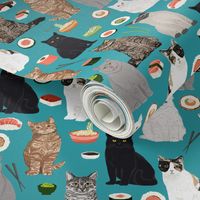 sushi cat fabric cute cats kitten design teal sushi kawaii fabric