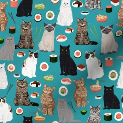 sushi cat fabric cute cats kitten design teal sushi kawaii fabric