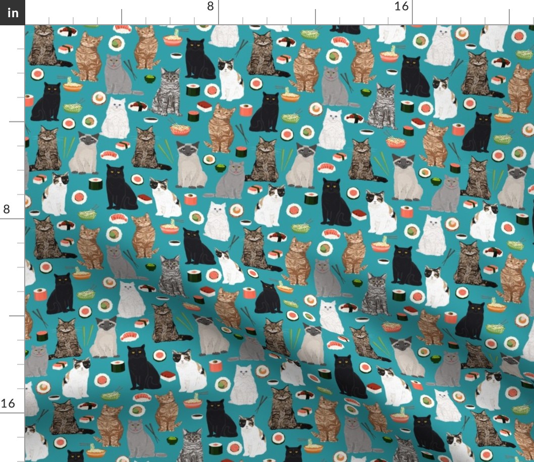 sushi cat fabric cute cats kitten design teal sushi kawaii fabric