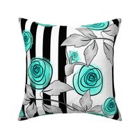  Turquoise watercolor roses on a striped black and white background