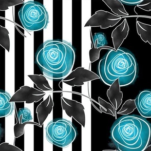 Blue watercolor roses on a striped black and white background