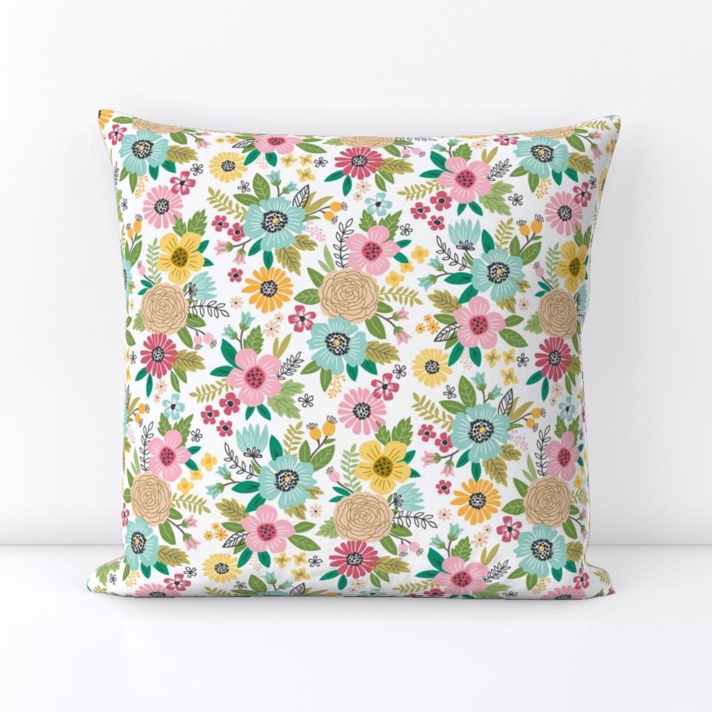 Summer Flowers Floral Pink Mint Yellow on White