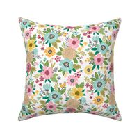 Summer Flowers Floral Pink Mint Yellow on White