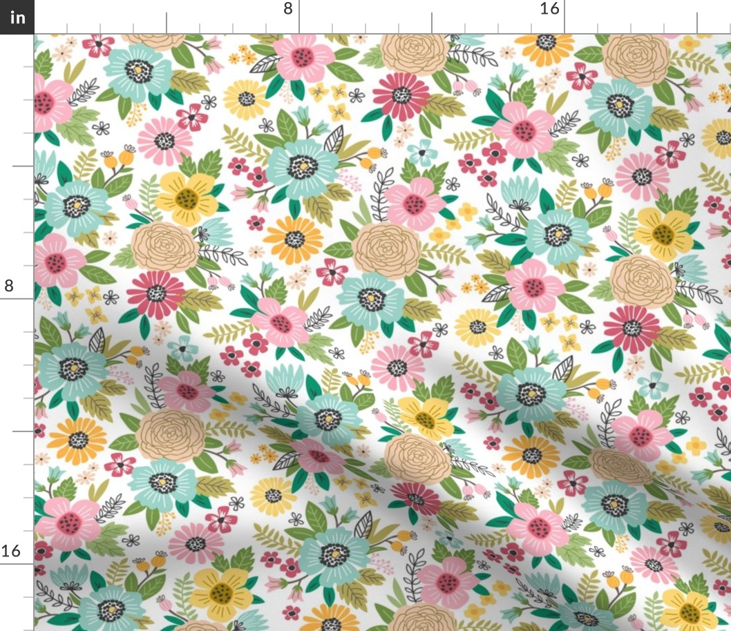 Summer Flowers Floral Pink Mint Yellow on White